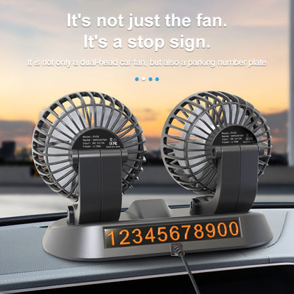 The [1pc Dual Head Portable Car Fan] features 5-blade turbo high-velocity airflow and 360-degree rotatability. It operates with low noise thanks to its copper dual motor and can be powered by USB. Suitable for use in 5-seater vehicles, indoors, and