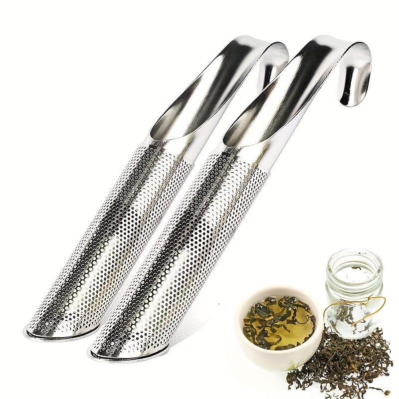 Tea lovers can enjoy brewing their favorite blend with this stainless steel tea maker set which includes a hanging tea pipe, funnel, strainer, spoon, and handle.