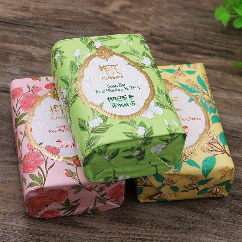 Fragrant soap infused with essential oils, featuring spring tea, peony, and sandalwood, suitable for face, bath, and hand washing.