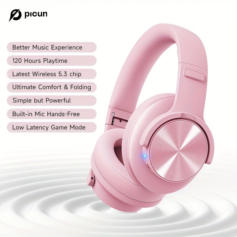 Picun B8 Wireless Over-Ear Headphones with 120 hours playtime, wireless 5.0, 3EQ & Game Mode, hands-free calls, foldable design, and Type-C charging. Suitable for travel, home, office, PC