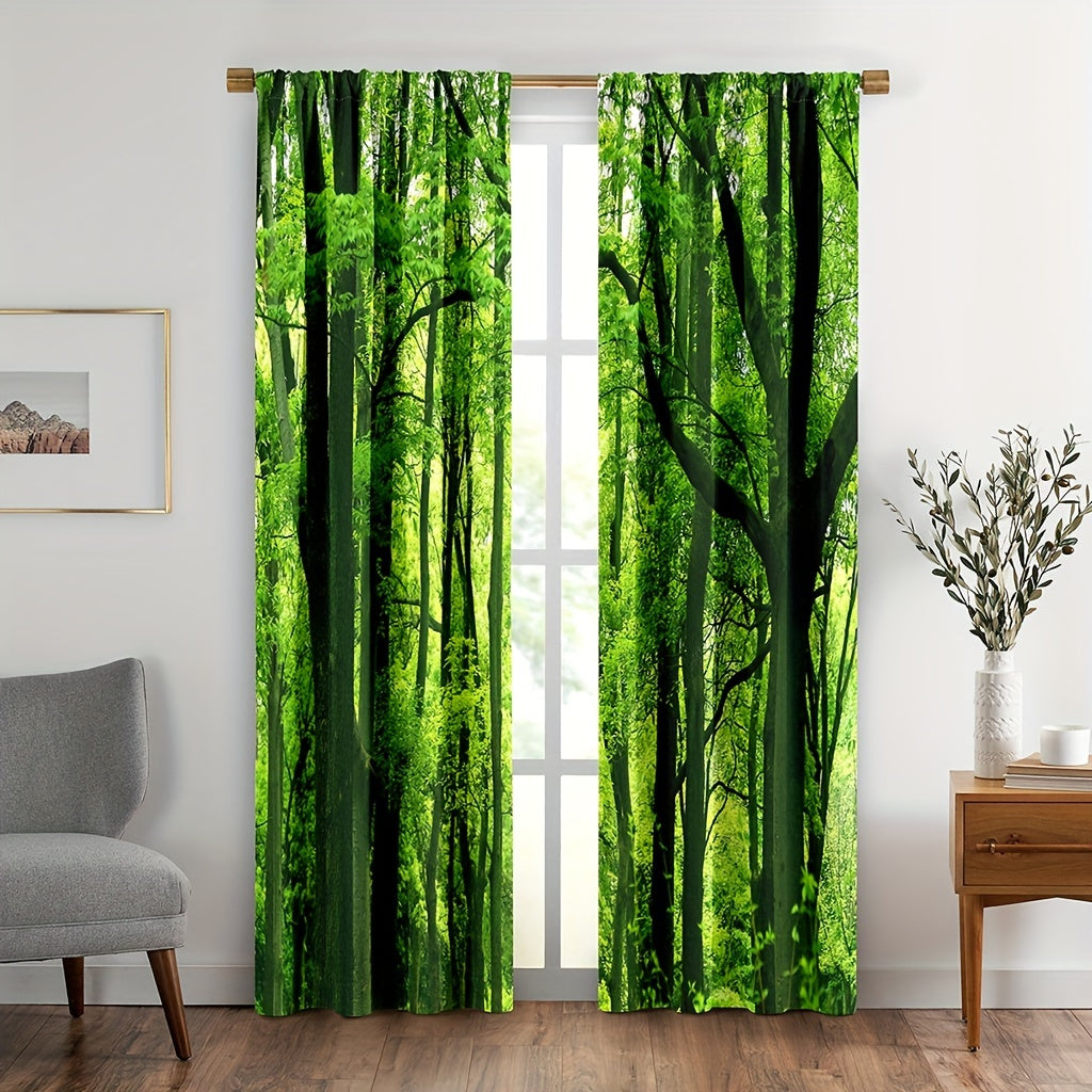 Set of 2 Forest Green Tree Curtains featuring Jungle Branches, Nature Scenery. Perfect Window Treatment for Bedroom or Living Room Home Decor with Rod Pocket Design.