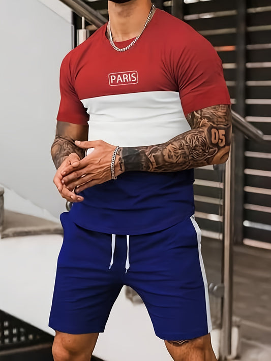 Two-piece "King" graphic print t-shirt and shorts set for plus size men, perfect for workouts and outdoor activities. Trendy oversized fit tracksuit for big and tall males.