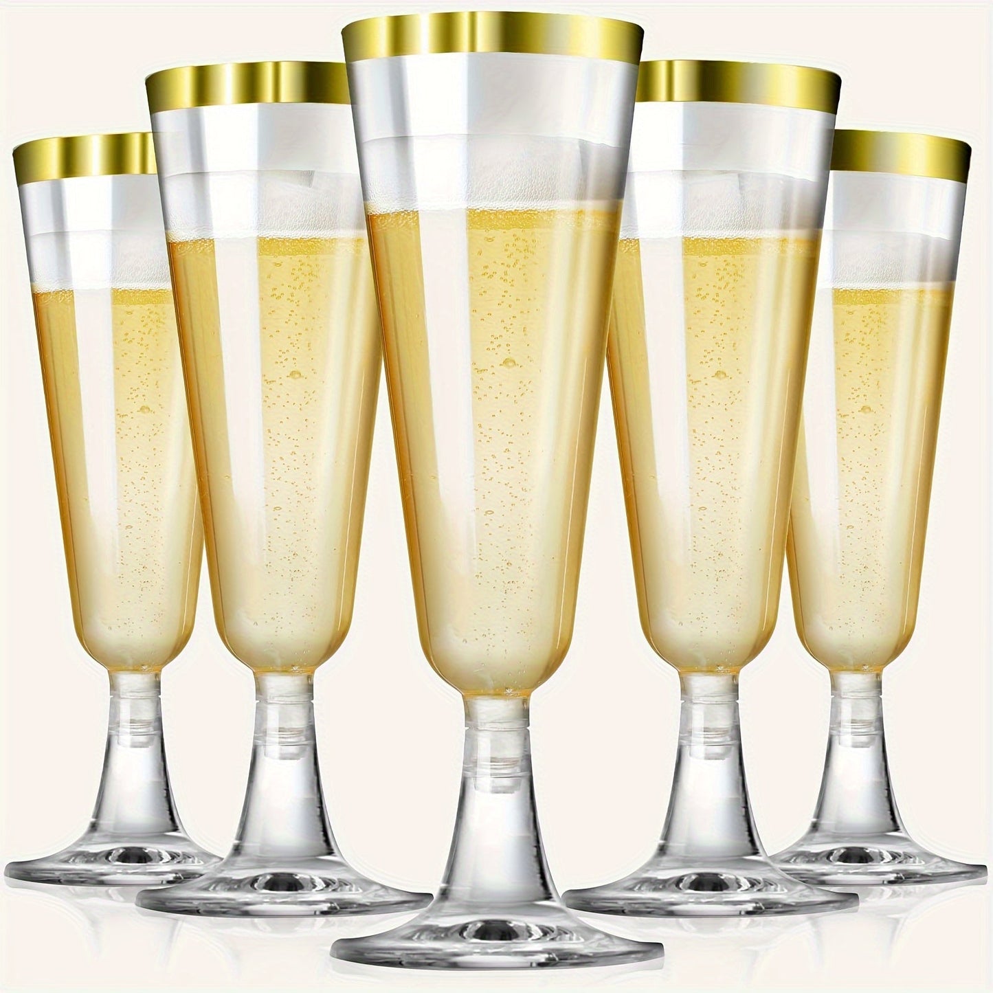 A pack of 25 elegant plastic champagne flutes with golden rims, each holding 5.5 oz. These acrylic mimosa glasses are recyclable and perfect for parties. They are machine washable and can be used for various occasions such as weddings, Christmas