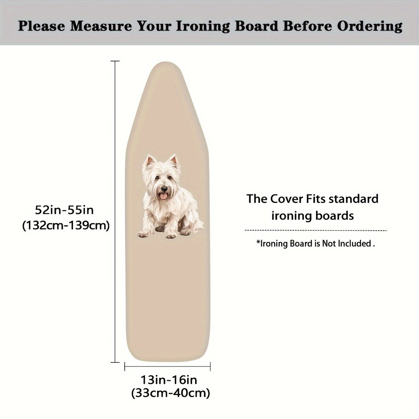 Ironing Board Cover featuring a West Highland White Terrier Dog Print, designed for pet lovers. Made with durable fabric, this cover has an elastic edge for easy fitting and is non-electric.