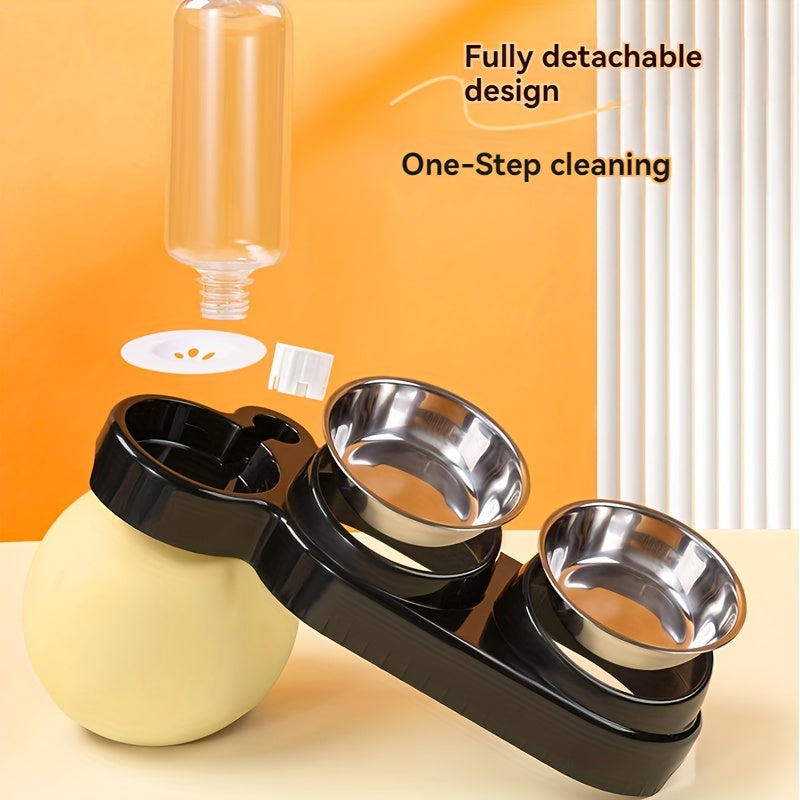 Dual bowl pet feeder and water dispenser made of stainless steel and plastic with easy sloped design for cats and dogs.