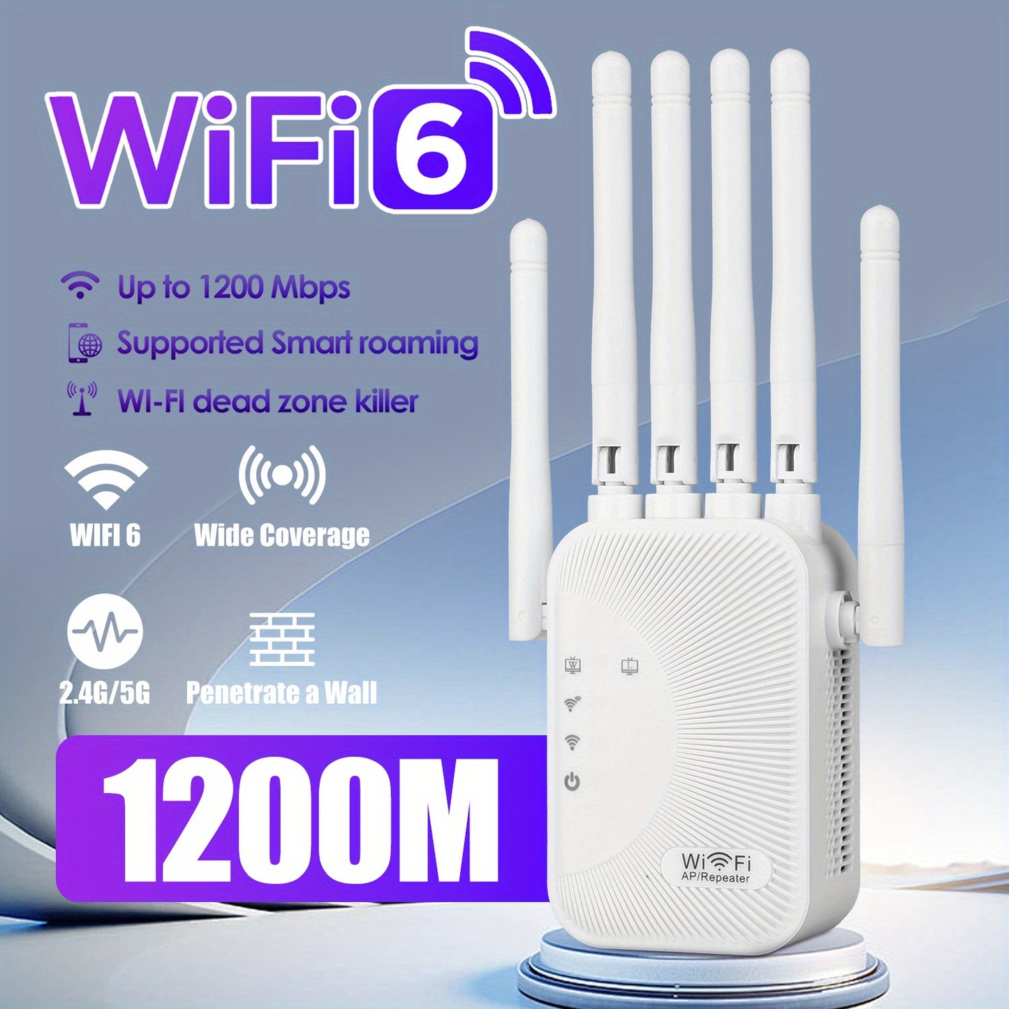 WiFi signal extender with 1200Mbps speed, dual-band 2.4G/5GHz, WiFi 6 support, 6 antennas, ideal for homes, malls, and cafes.