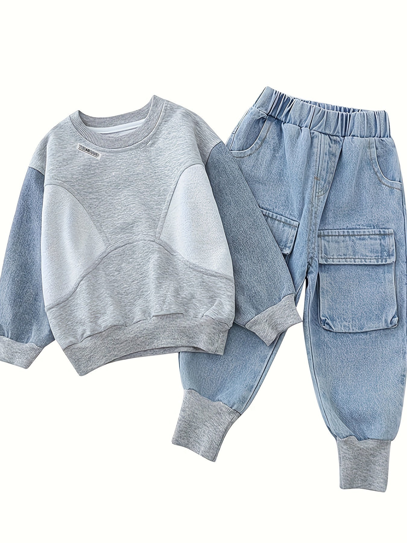 Set of baby's sweatshirt and denim pants in color block design, suitable for toddler and infant boys in spring and fall outdoor activities.