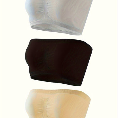 Set of 3 elegant black bandeau bra tops with anti-slip chest wrap, seamless strapless design.