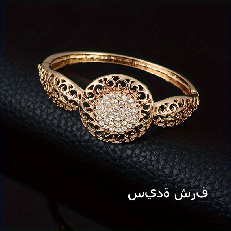 Golden Bangle, Necklace, Earrings, & Ring Set with Rhinestones inspired by Middle Eastern Bridal Jewelry, Perfect for Wedding & Mother's Day Gifts