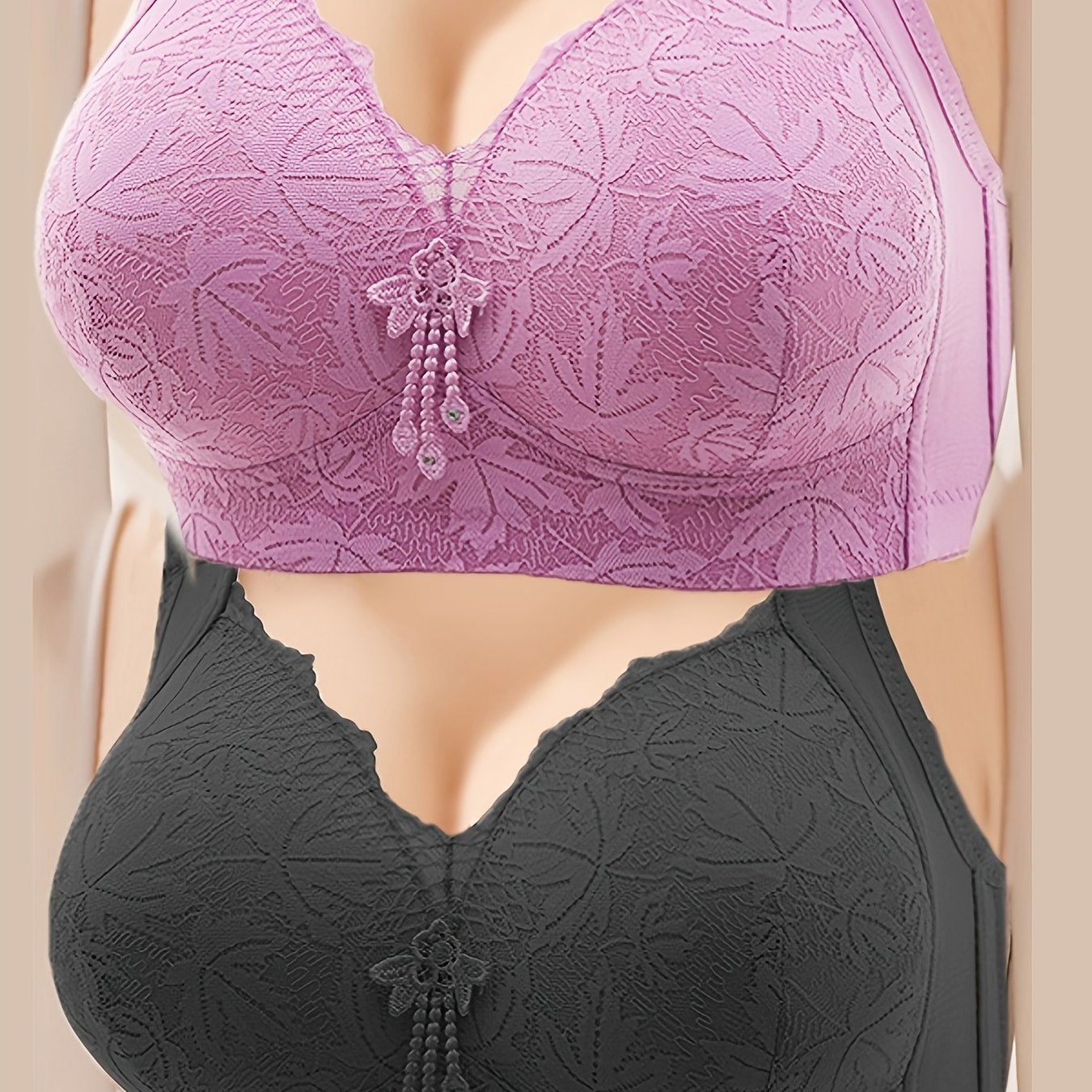 2 Elegant Lace Detail Wireless Bras for Women with Breathable Thin Cups and Glossy Finish, Non-Removable Pads of Nylon/Elastane.