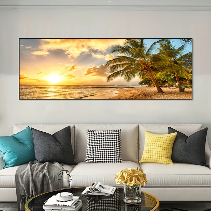 Large Modern Ocean View Coastal Canvas Painting featuring a palm tree, ocean, and sunset. Perfect for decorating a living room. Frame not included.