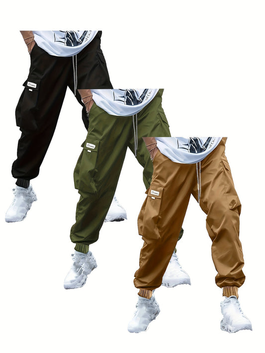 Men's plus size cargo pants set, solid color, sporty and casual style, comfort fit.