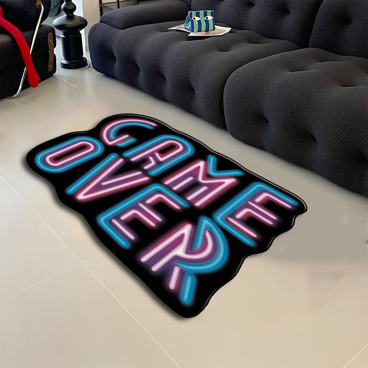 3D Fluorescent Lettering Area Rug with "Game Over" Design - Plush, Anti-Slip, Machine Washable Rug for Living Room, Bedroom, or Game Room - Illuminating Decorative Floor Mat