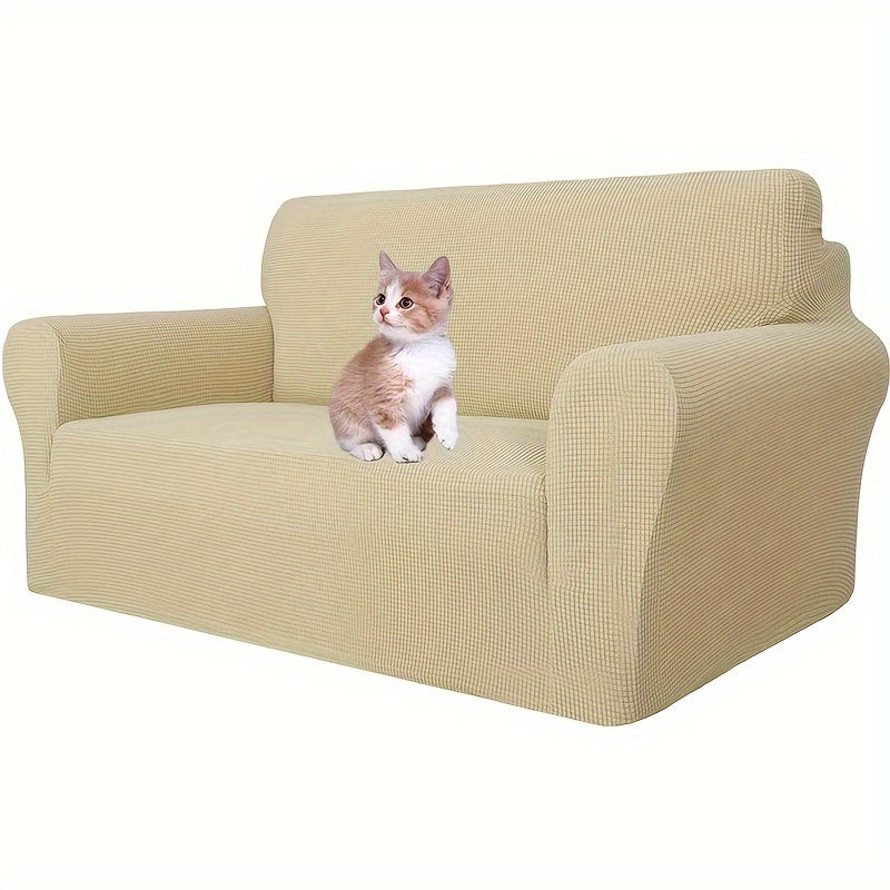 Jacquard fitted sofa slipcover with elastic band, machine washable polar fleece fabric. Compatible with various sofa sizes. Protects furniture from dust and cat scratches.