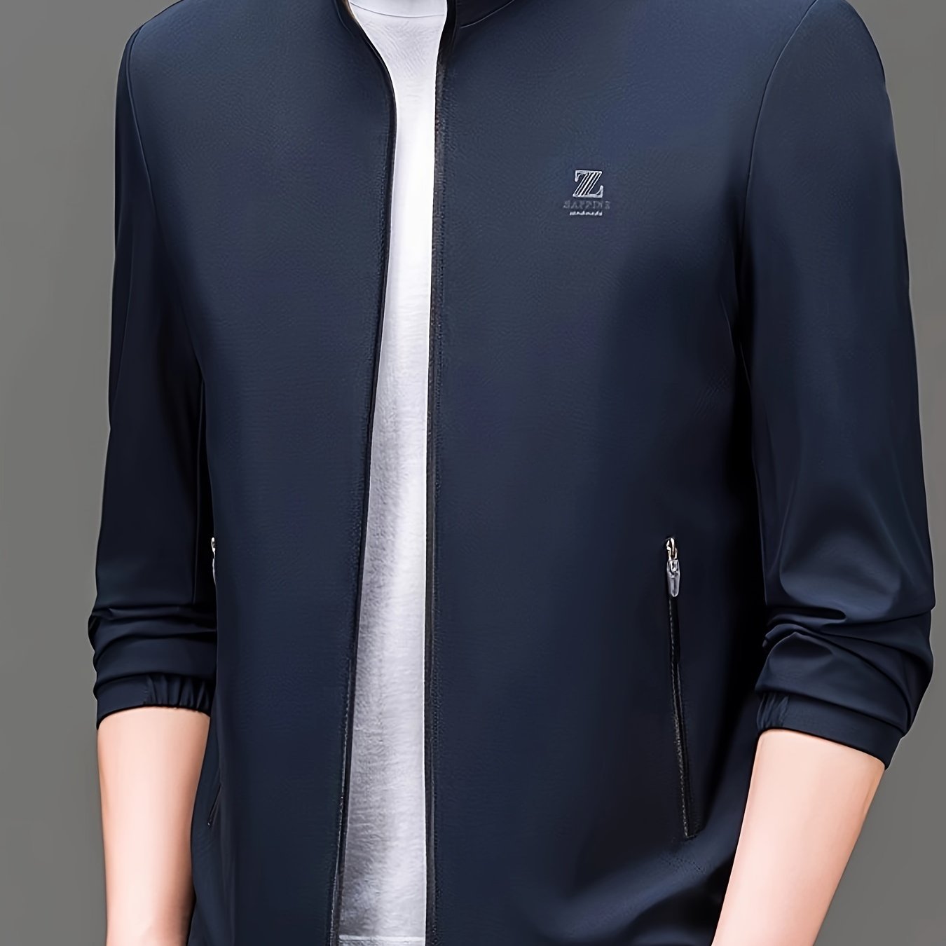 Men's casual stand collar jacket made of 100% polyester with a solid color, long sleeves, regular fit, zipper closure, and woven fabric. Suitable for spring/fall weekend casual wear.