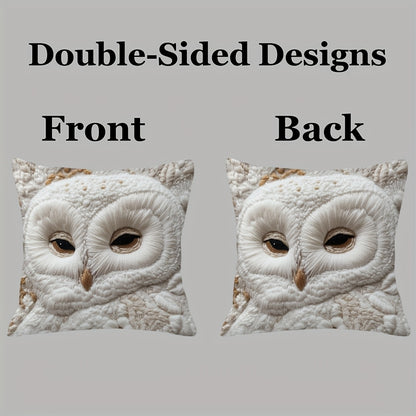 Super soft plush pillow cover with snowy owl design, 45.72x45.72 cm. Perfect for sofa, living room, bedroom decor. Double-sided print, zip closure, machine washable. Insert not included. Ideal for couch.