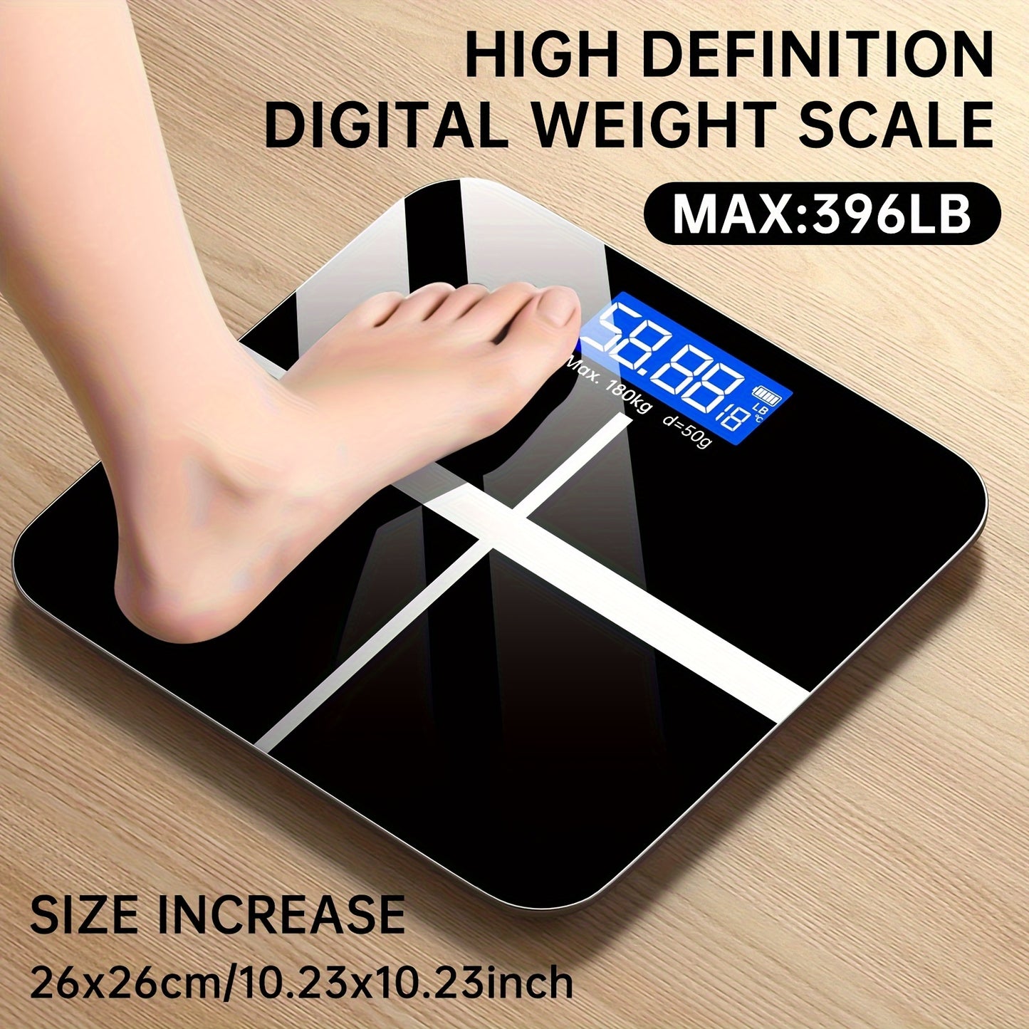 High Definition Digital Weight Scale with 179.62KG Capacity and LED Display. Switchable between KG/Pound, plastic material with wide platform. Battery-operated (AAA not included). Perfect