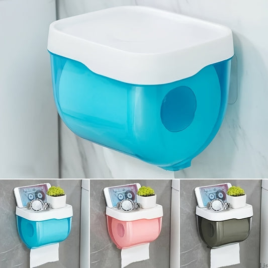 Waterproof wall-mounted tissue holder with drawer and self-adhesive roll dispenser for bathroom. Multi-functional toilet paper box with top storage shelf for home and bathroom accessories -