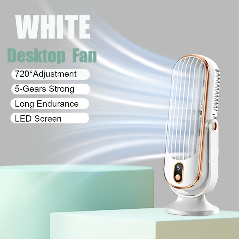 Introducing our Whisper Quiet USB Rechargeable Personal Air Tower Fan! This fan features a LED display, 5-speed settings, and 720° oscillation for maximum airflow. Made of durable plastic material with a lithium battery, this portable fan is perfect for