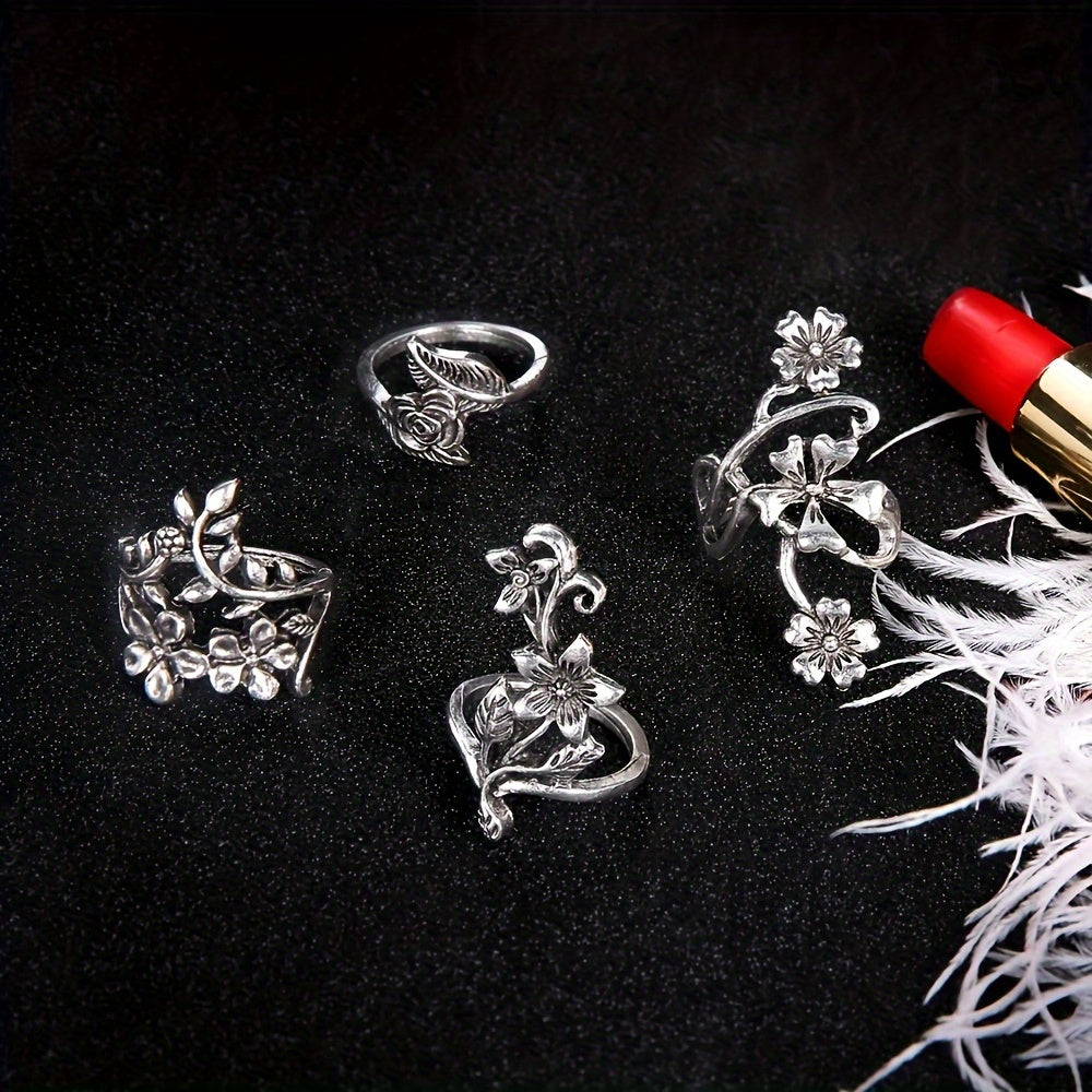 Set of 4 Women's Antique Silvery Hollow Pattern Rings, Featuring Ethnic Style Stackable Designs