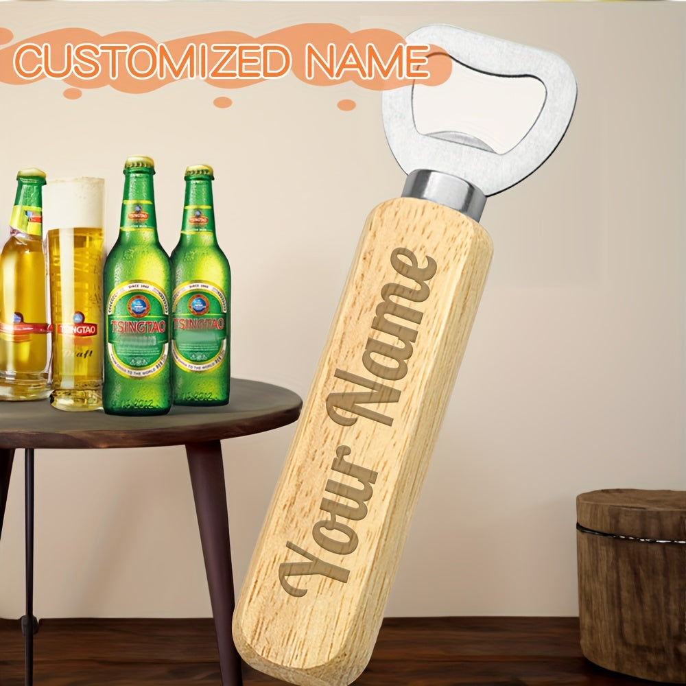 Custom engraved wooden beer bottle opener with stainless steel blade, perfect for any occasion.