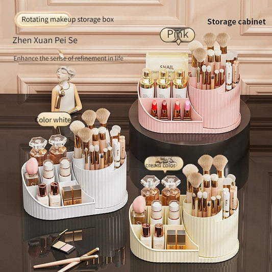 Compact rotating makeup organizer available in white, pink, and cream. Durable plastic with space-saving design for brushes, lipsticks, skincare, and stationery. Elegant and compact