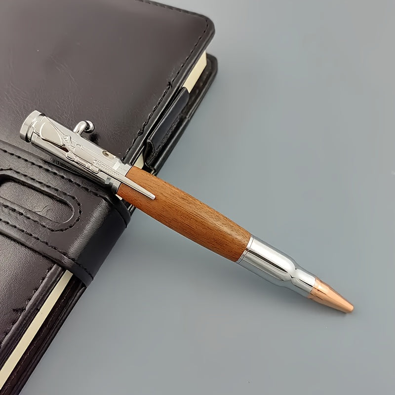 Wooden ballpoint pen with bolt, stress reducing switch pen, solid wood metal high-end pen, interesting writing tool, ideal gift for holidays, school, or business.