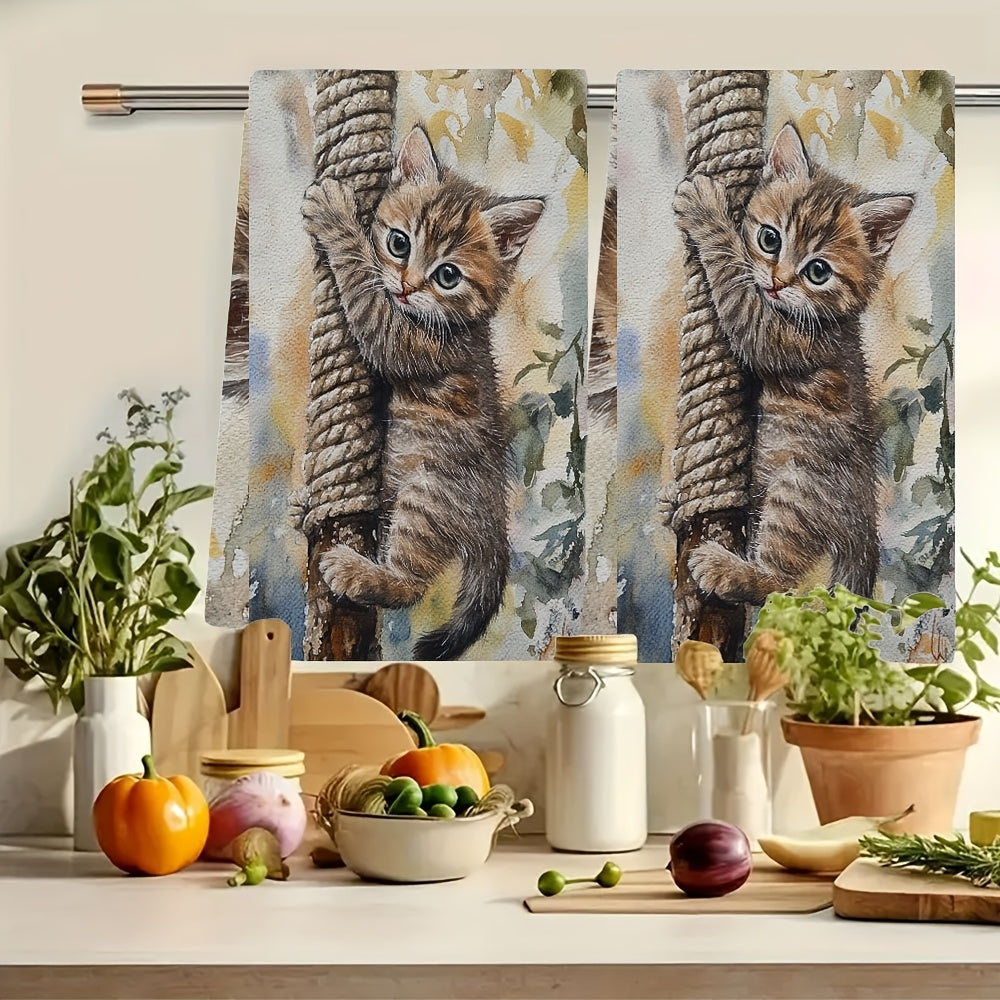 Set of 2 Ultra Soft Kitchen Towels featuring a Cute Kitten Climbing Rope Design, Extremely Absorbent and Easy to Clean Dish Hand Towels, Modern Coastal Style, 40.64x60.96 cm - Ideal for Home Decor and Kitchen Use