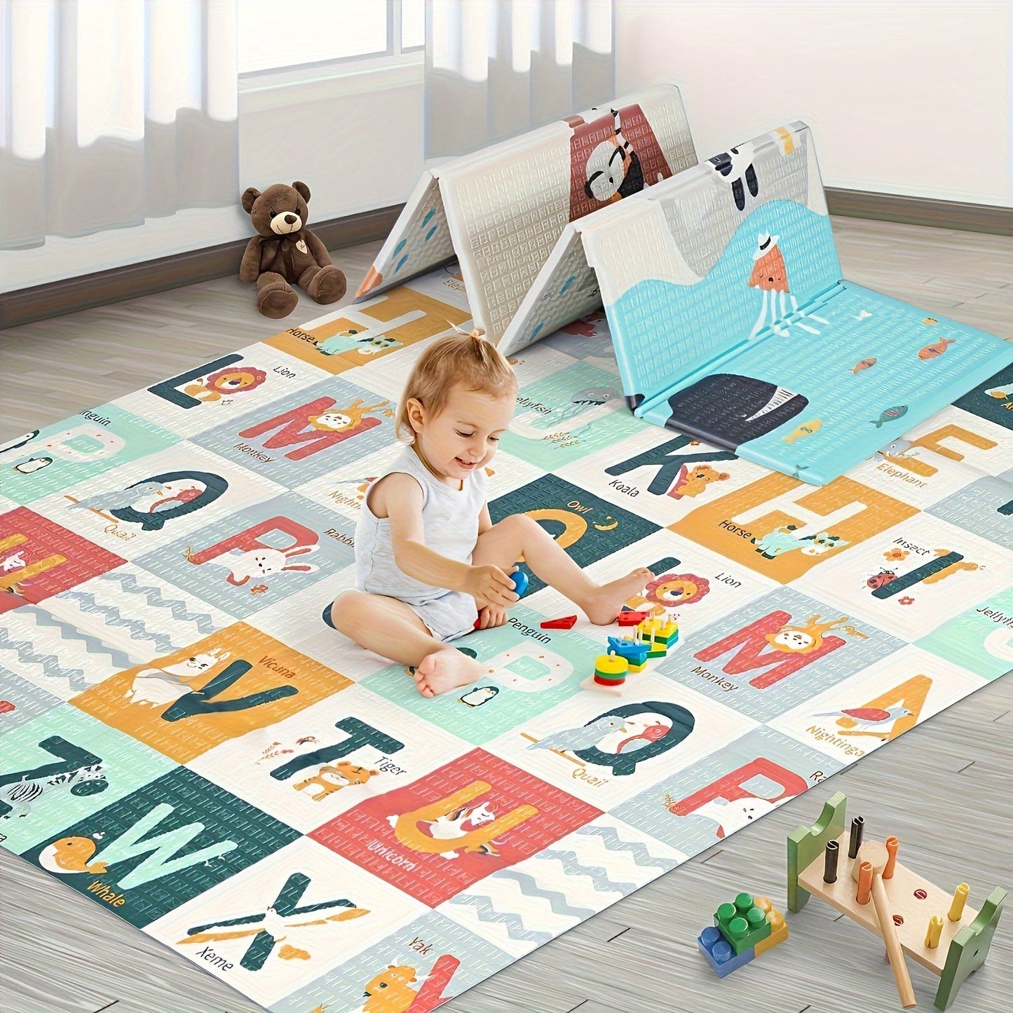 Large Reversible Baby Play Mat - 180.34cm x 149.86cm, made with High-Density XPE Foam. Features an Educational Alphabet Design, Non-Toxic and Waterproof for Infants. Foldable and Portable for Toddler Activity. Dual-Sided Soft Foam Floor Mat for Safe Play