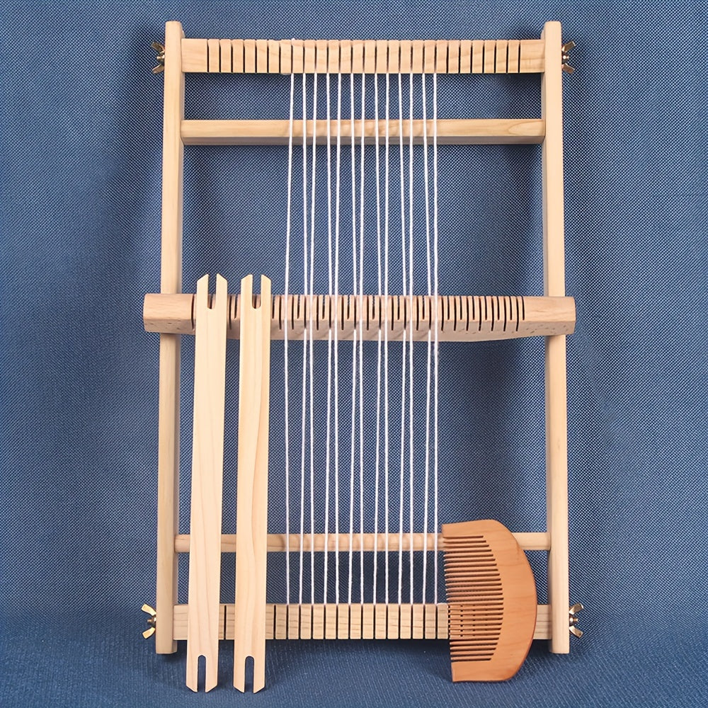 Handmade wooden weaving loom kit for DIY projects, includes shuttle and beaters. Perfect for creating tassel tapestries and carpets without electricity. Ideal for home decor crafting.