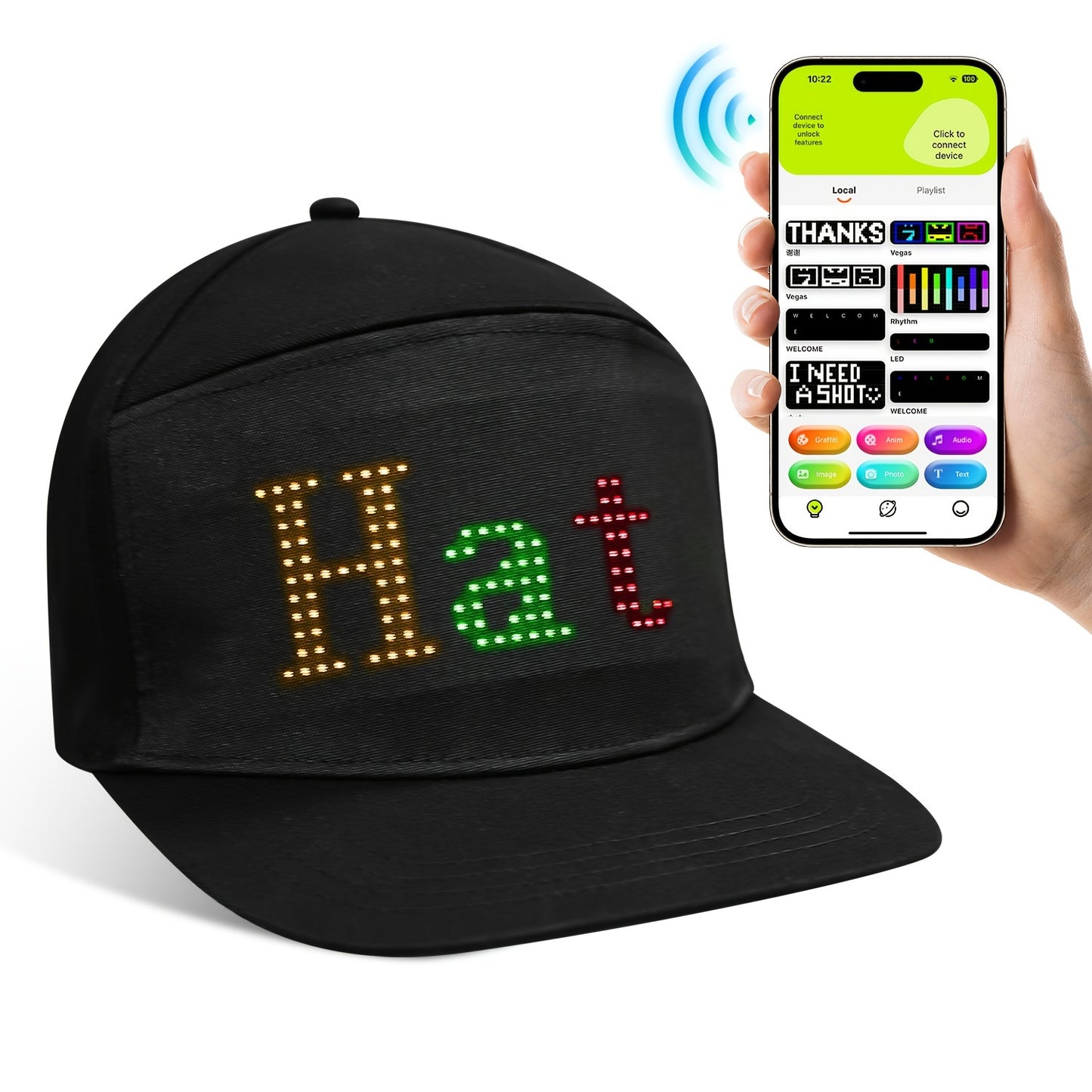 OWNZNN LED Light-Up Baseball Cap with full color matrix display, wireless app control, customizable messages & animations, USB charging, lightweight design. Perfect for outdoor events