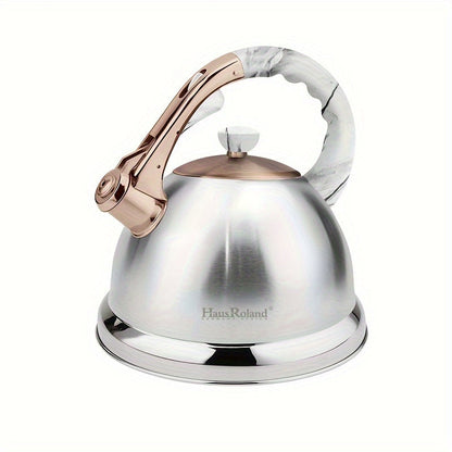 The HausRoland Tea Kettle is a 4.5L stainless steel stovetop teapot that whistles when water is boiling. It is compatible with gas and induction stovetops and does not require electricity to use. This food-grade water kettle comes with a whistle for