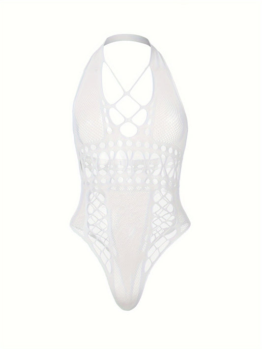 Seductive lace-up halter neck bodysuit with mesh details - women's intimate lingerie.