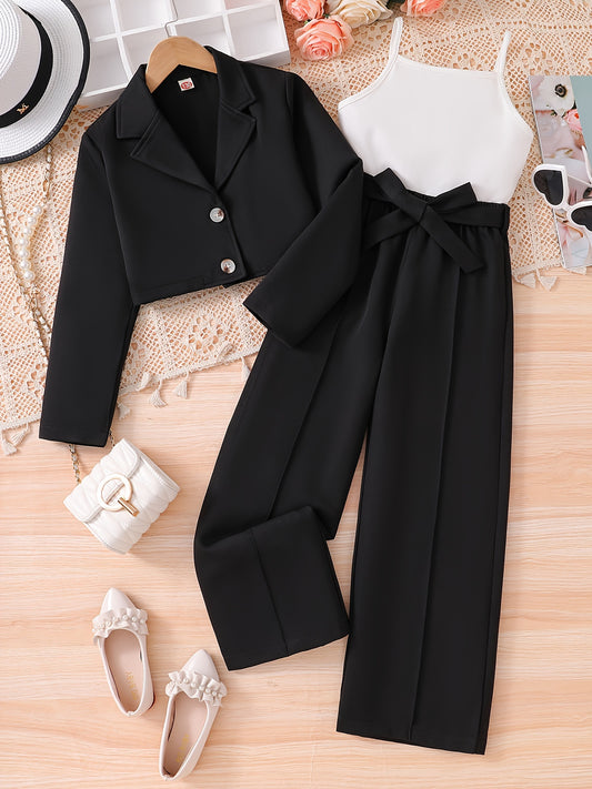 Elegant 3-piece set for girls, featuring a cropped blazer, sleeveless camisole, and straight-leg pants in solid color. Perfect for outdoor spring/autumn fashion.