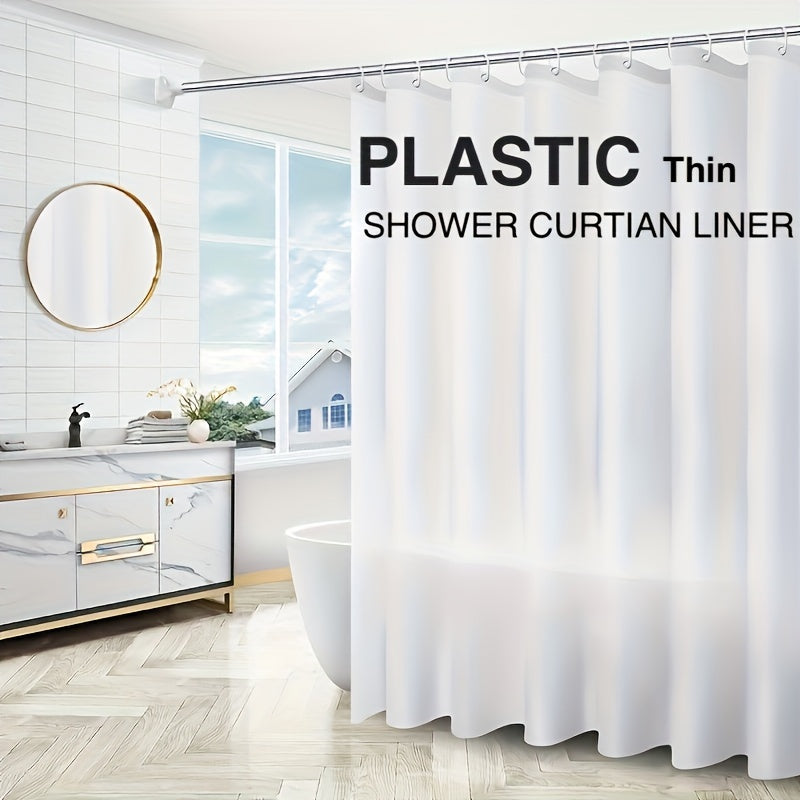 1 PEVA shower curtain liner with 12 plastic hooks, waterproof, lightweight, 180.34x180.34cm, for bathtub partition.