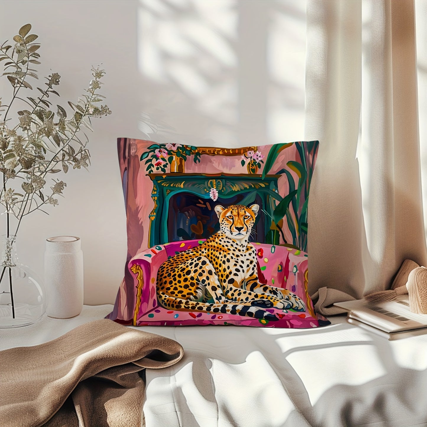 1pc Cheetah Plant Throw Pillow Cover in Fauvism style, 29.97cm*50.04cm or 44.96cm*44.96cm, Farmhouse decorations for home, couch, sofa, living room, bedroom. Pillow insert not included.