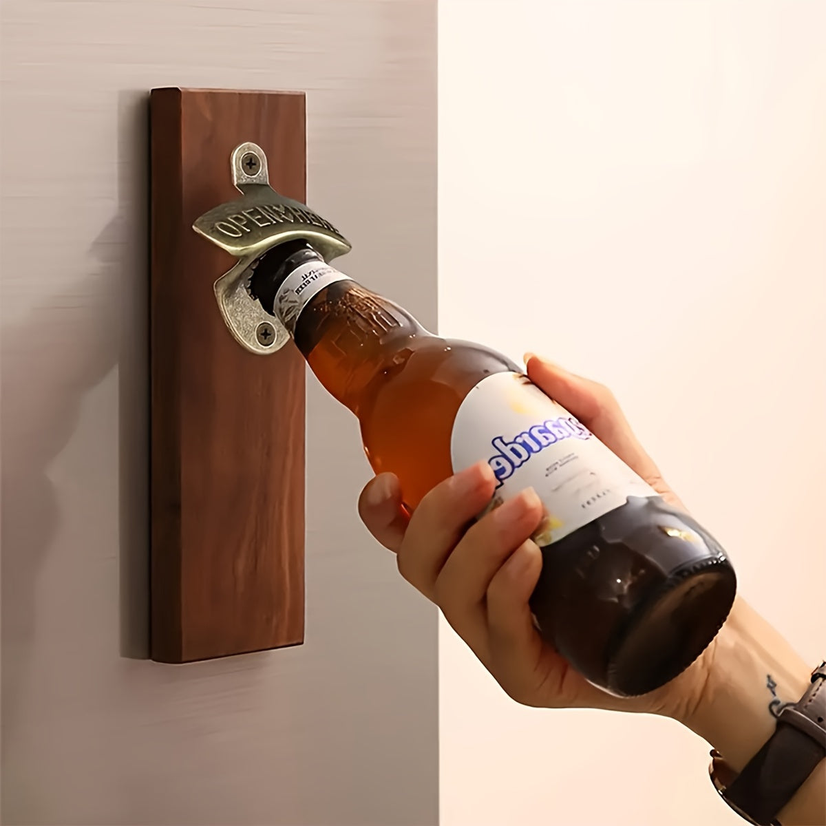 Durable zinc alloy beer bottle opener with wall-mounted rustic finish in multiple colors. Perfect for holidays, celebrations, and gifts. No power needed.