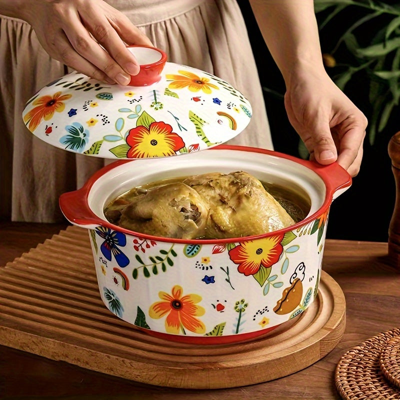 This generously-sized ceramic soup tureen comes complete with a convenient lid and sturdy handles, making it an ideal choice for preparing delicious home-cooked meals.