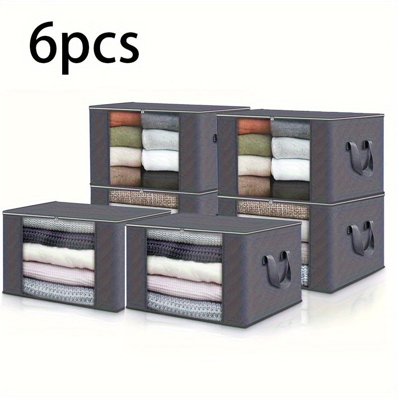 Foldable fabric storage bins in 3-pack/6-pack, perfect for organizing blankets and quilts in bedroom or dorm. Made of polyester material, no power or alcohol needed.