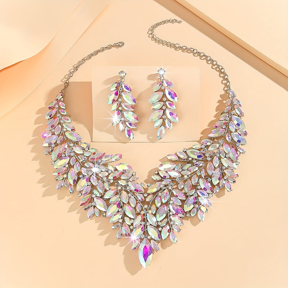 Luxurious wedding jewelry set crafted with fine materials and adorned with shimmering artificial crystals. This exquisite 3-piece set includes a necklace and earrings, perfect for weddings and special events. A timeless gift for any occasion, making it