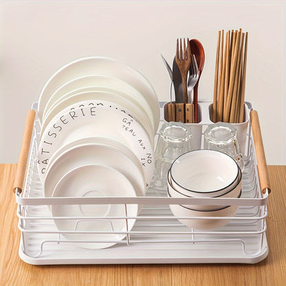 LDQ Single-Tier Dish Rack with Removable Cutlery Holder, Drip Tray, Wooden Handle, White, Large Capacity, Rustproof, Kitchen Counter Organizer