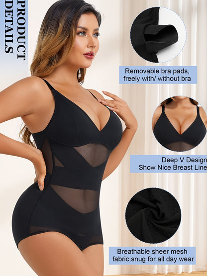 Shapewear bodysuit for women with removable pads, deep V neck, firm tummy control, breathable mesh, butt lifter, all-day wear.