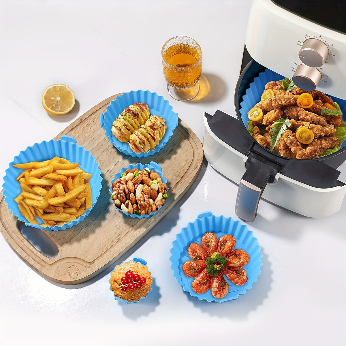 A set of 6 silicone air fryer liners, perfect for healthy cooking. These round, reusable, and easy-to-clean baking mats make cooking a breeze.