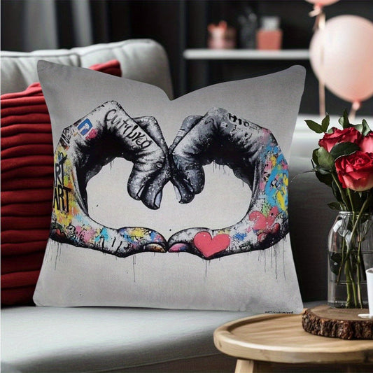 Vintage Graffiti Love Hands Cushion Cover, 45.72x45.72cm, Polyester Decorative Pillowcase with Zip Closure, Machine Washable, Perfect for Back Sleepers, Suitable for Living Room and Bedroom Decor - Flower Theme, All-Season Comfort