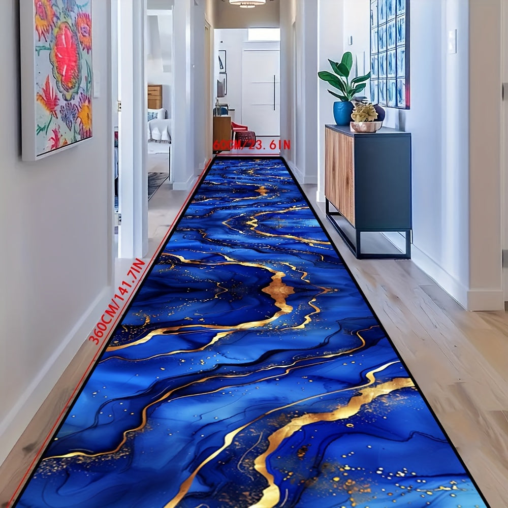 Indulgent Blue and Gold Abstract Art Crystal Velvet Rug - Yumshoq, Qaytmas, Oson tozalash, Mashinada yuvish mumkin, 850g/m², 6mm qalin, Oshxonalar, O'yin xonalari va Kir yuvish joylari uchun mukammal, Oshxona matlari