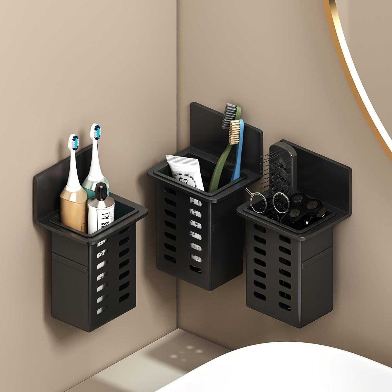 Wall-mounted bathroom organizer made of black, mold-resistant plastic for cosmetics and shower essentials with no-drill installation.