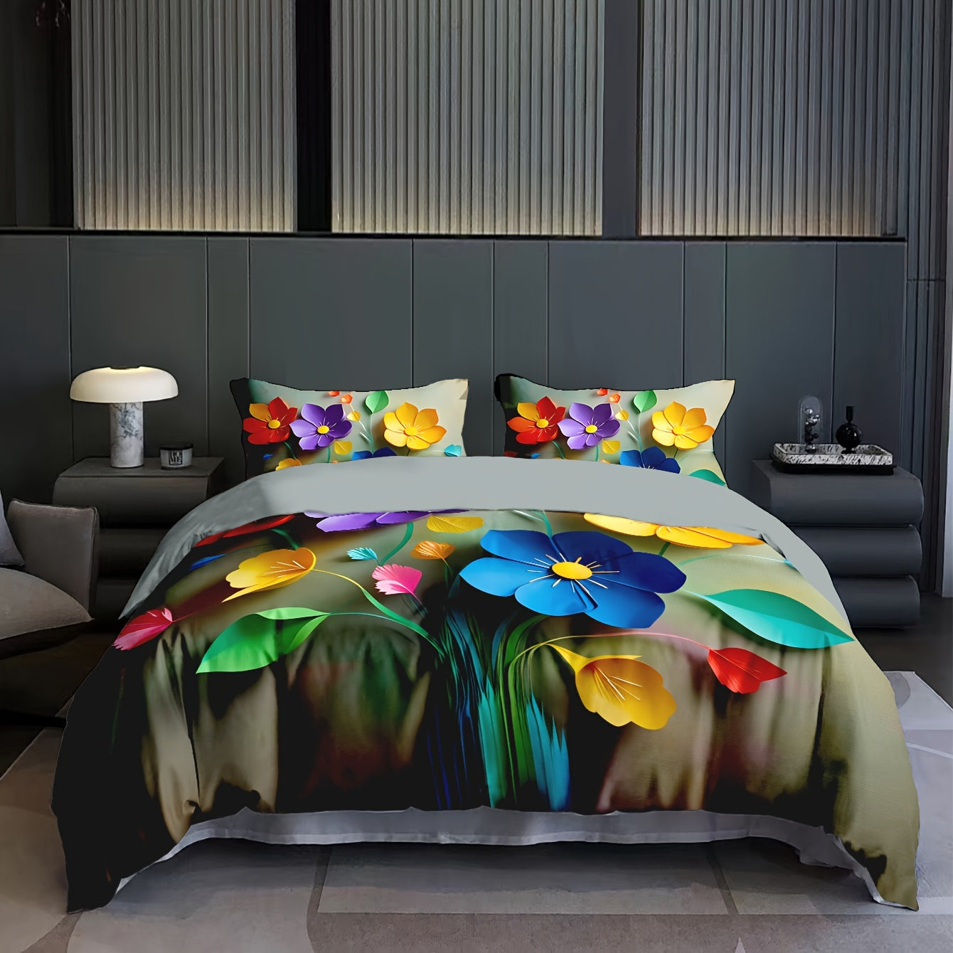 3D Floral Pattern Duvet Cover Set includes 1 Duvet cover and 1/2 Pillow cases made of ultra soft sanded polyester fabric with digital print. Machine washable and no duvet insert included.