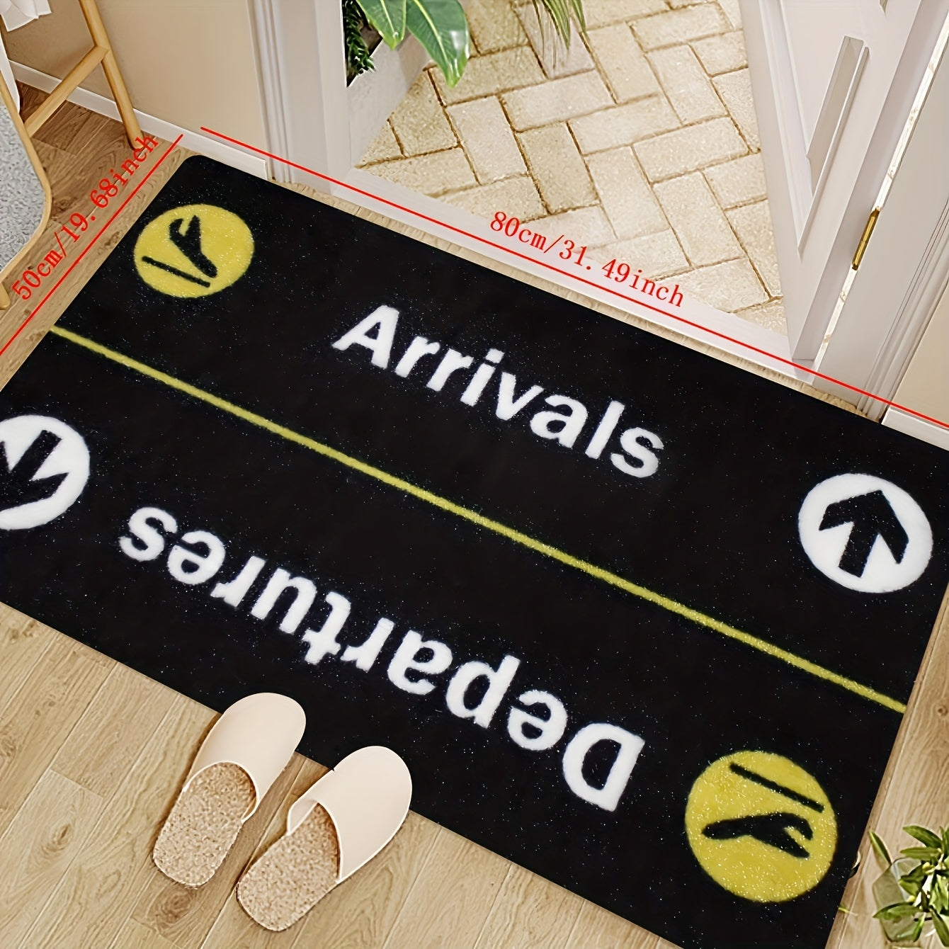 Arrivals Departures Flight Theme Doormat - Non-Slip, Stain-Resistant Polyester Mat with Braided Weave, Medium Pile, PVC Backing, Machine Washable, Rectangle Shape, Perfect for Home Decor, Easter & St. Patrick's Day, 1 Piece