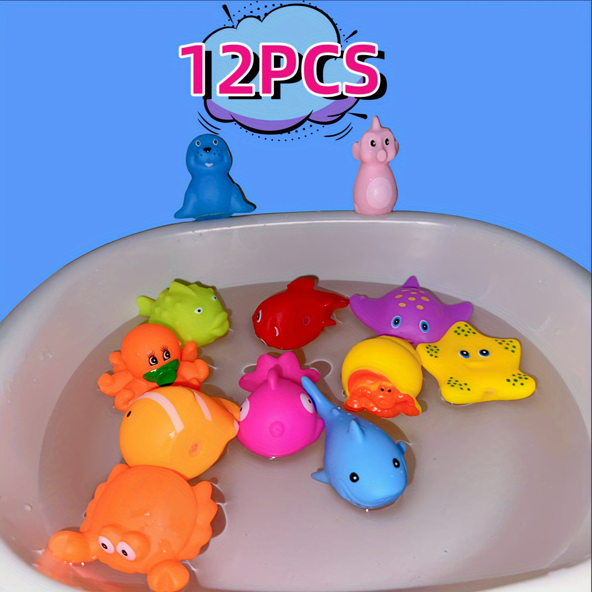 Bath Time Fun Set with 12 Colorful Rubber Animal Toys for Kids - Ideal for Water Play, Interactive Fun, Wonderful Gifts for Christmas and Teacher's Day.