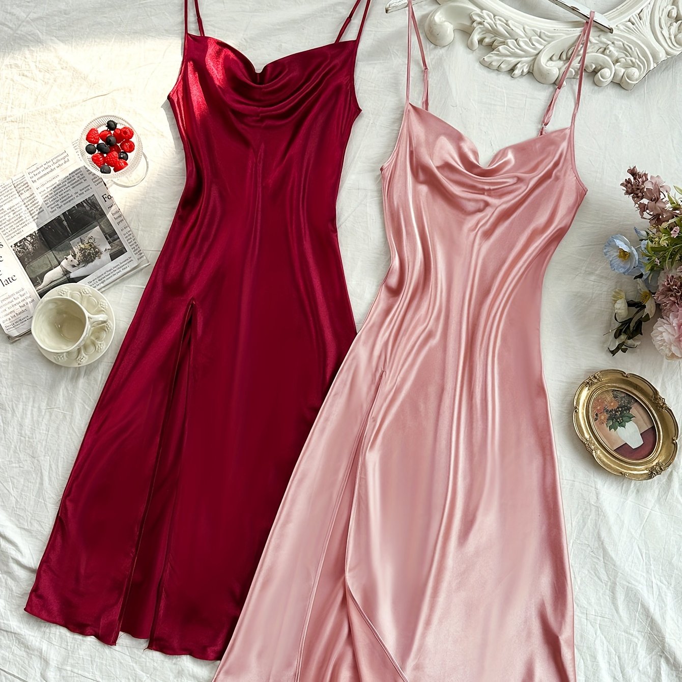 Woman's elegant satin turtleneck sleep dress with backless split, comfortable nightgown.